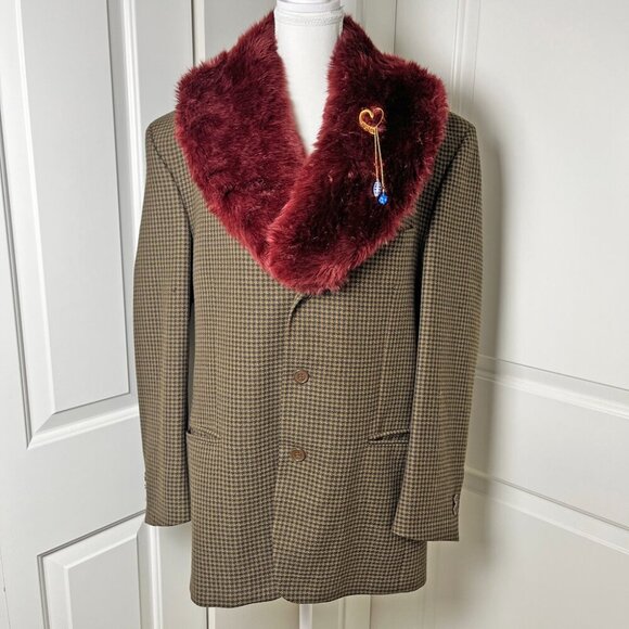 Vtg Houndstooth Detachable Collar Wool Blazer & Handmade Brooch Unisex M Women L - Picture 6 of 8